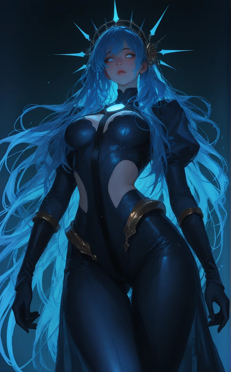 depicts a modern-day witch who has embraced the world of cybernetics to enhance her magical abilities. The artwork should convey the enchanting blend of traditional witchcraft and futuristic technology. Here are some specific elements to include: The Witch's Lair: The setting should be a cozy yet slightly eerie room, filled with magical books, crystal balls, potion ingredients, and antique furnishings. The room should be dimly lit by candles and a soft, mystical glow emanating from her cybernetic enhancements. The Cyborg Witch: The central focus of the artwork is the witch herself. She's a striking figure with a mix of traditional witch attire and cybernetic enhancements. Her clothing should have a witchy, occult aesthetic, with flowing robes, a pointed hat, and an intricate pentagram necklace. Her arms, however, have been upgraded with cybernetic components that incorporate magical symbols and glowing runes. Magical Interface: The witch is in the midst of casting a spell, with a holographic, touch-screen interface floating before her. This interface includes spell incantations, arcane symbols, and digital components, demonstrating her fusion of magic and technology. Spell Ingredients: On a nearby table, there should be a collection of spell ingredients, like herbs, potions, and magical artifacts. Some of these items may have been modified with cybernetic enhancements, blurring the line between the natural and the technological. Familiar: The witch's familiar, perhaps a cat or raven, should be present in the scene, serving as her magical companion. The familiar could also have subtle cybernetic enhancements or glowing eyes. Glowing Runes: The room should be adorned with ancient symbols and glowing runes on the walls and floor, contributing to the magical atmosphere. Aetherial Lighting: Use a combination of mystical, ethereal lighting and cybernetic glows to create a captivating interplay of light and shadow. The contrast between the tradit