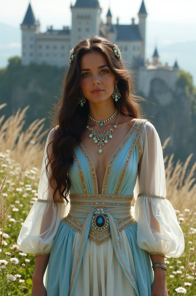 oil painting,young Elf woman, black hair slicked back in a high ponytail, She wears a sophisticated dress with a structured turquoise bodice adorned with bright gold trim, a flowing skirt with a bold slit, The skirt fabric is a deeper shade of turquoise, Sheer cream colored sleeves, Her pose and facial expression combined with the ambient lighting of the ancient room, made her the protagonist of a story steeped in knowledge and intrigue.