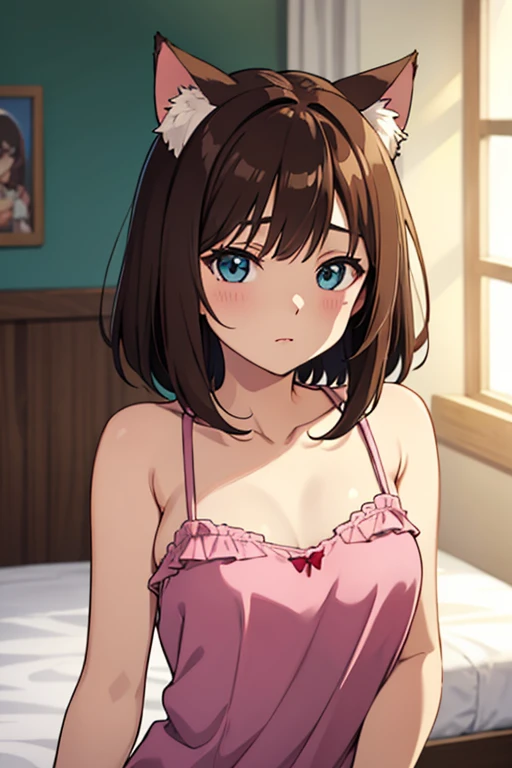 Arafed woman with matching tank top and panties, Sexy girl with brown eyes, portrait sophie mudd, brown hair and big eyes, Selfie einer jungen Frau, Augen im Schlafzimmer, Violet Myers, ohne Make-up, Natural makeup, Blick direkt in die Kamera, Gesicht mit Artgram, dezentes Make-up, Stunning full body shot, im Schlafzimmer, Spaltung