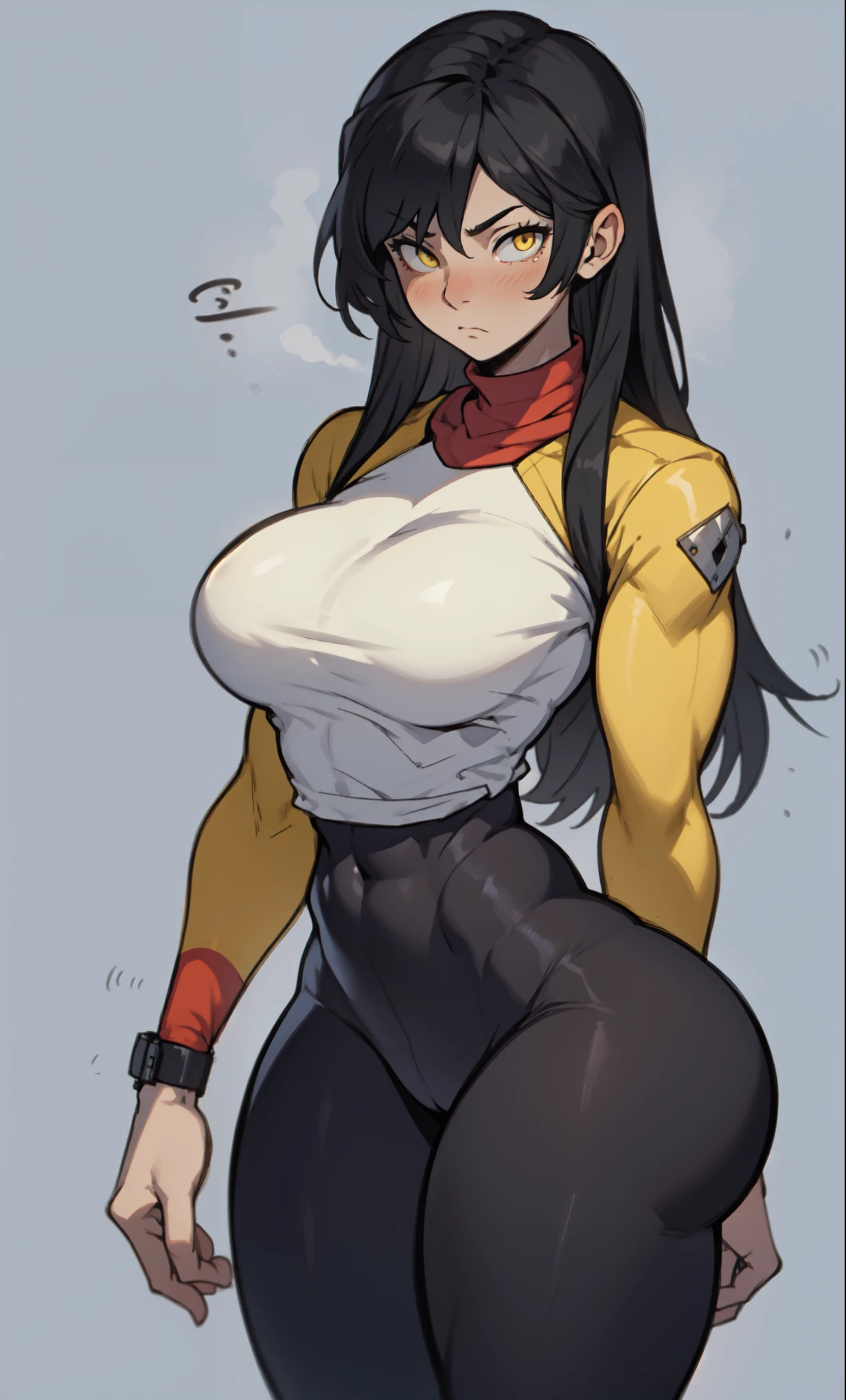 ((1 girl, wide hips, thick thighs, curvy, huge tits)), solo, ((((muscular)))), black hair, yellow eyes, angry, pale sin, very long hair, (tight shirt, tight pants, full body), concrete wall, against wall