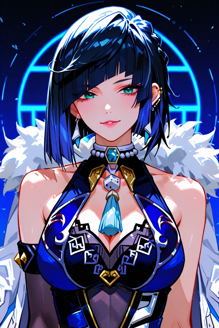 (1girl:1.3), (yelan genshin impact:1.2), (standing:1.1), (arms up:1.0), (tights from chest to toe:1.3), (narrow waist:1.2), (bare shoulders:1.1), (black hair:1.2), (blue eyes:1.2), (blush:1.0), (small breasts:1.0), (open coat:1.1), (white coat:1.0), (blue sky background:1.0)
