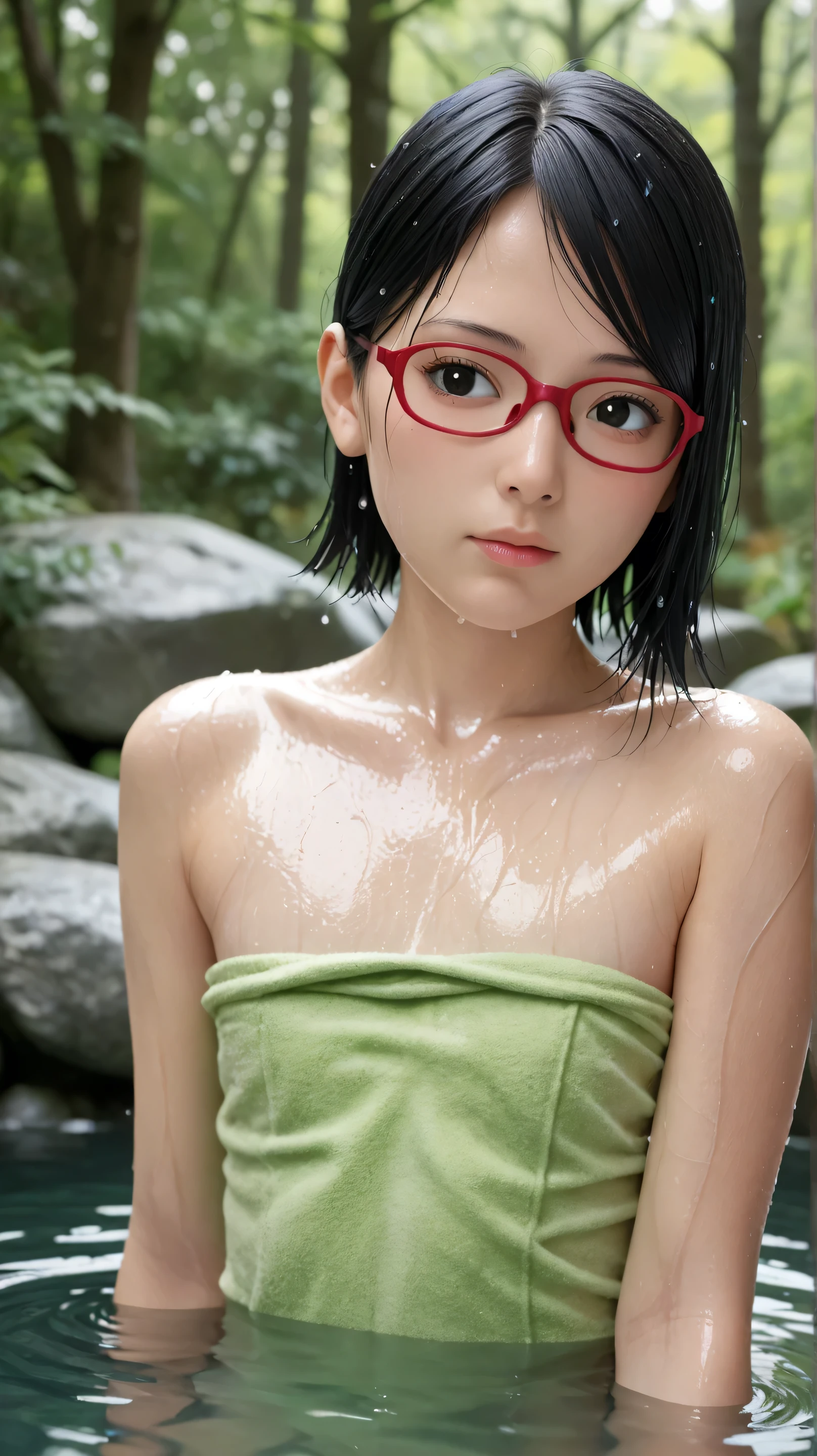 1girl, solo,sarada uchiha,black eyes,black hair,short hair,outdoors,potrait,hot spring,flat chest,,wearing glasses,wear green towel,forest,half body submerged,(wet body:1.5)
