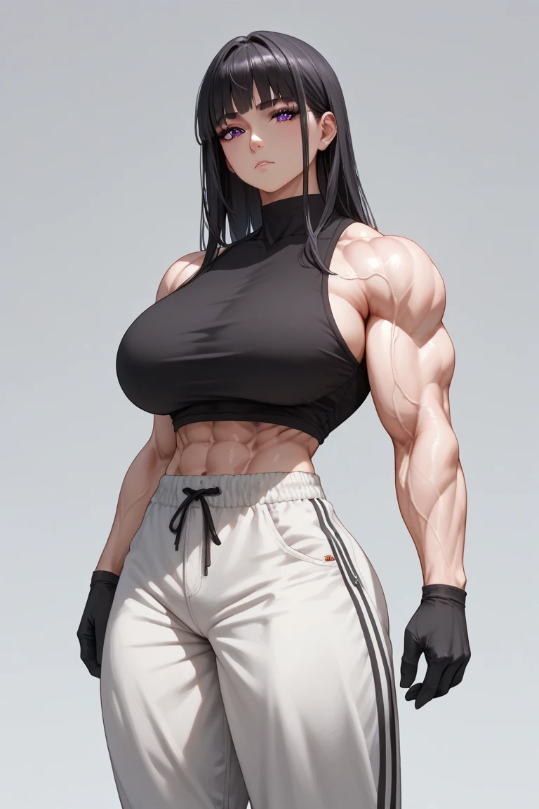(masterpiece, best quality:1.2), solo, 1girl, valmet, muscular, abs, expressionless, looking at viewer, hand on hip, purple eyes, black tank top, jeans