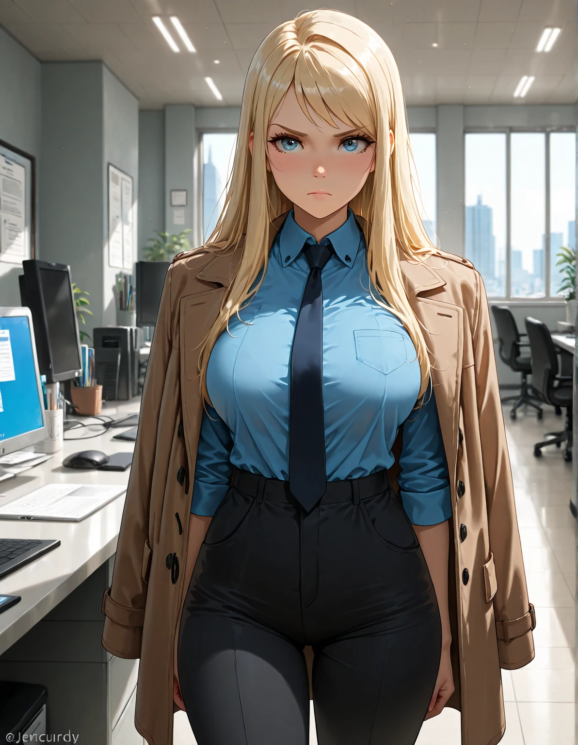 Female, hime cut Blonde hair, Blue eyes, dark brown skin, large breasts, wearing office lady uniform and tights.