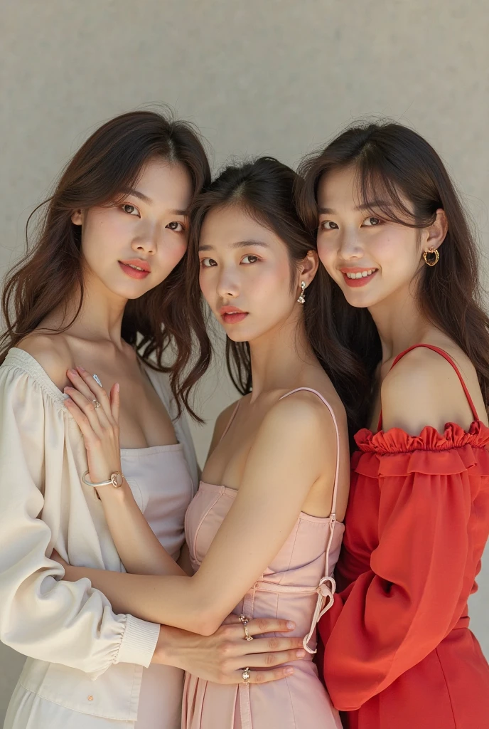 Ancient Roman landscape in the style of Nicolas Poussin,Three women holding hands and dancing in a circle,,A smile,,Sweet and seductive appearance.、Caravaggio's paintings、Chiaroscuro of Caravaggio、Hair disheveled in the wind,three women playing,Cute smile, Expression of ecstasy,A sexy,erotick