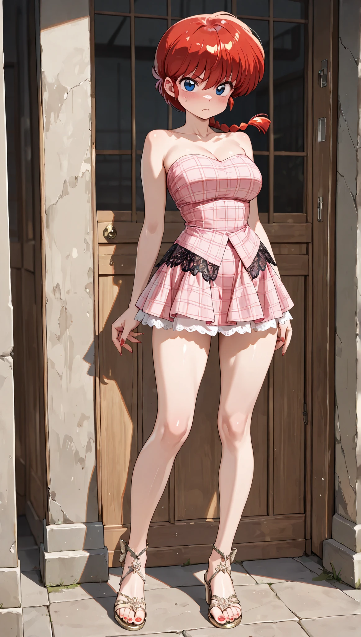 girl underwear, Realistic bloomers made from patterned cotton fabric, Medieval one-piece dress with panniers, Fabric Realism, Low - Angle, I see bloomers, Pull up the dress by hand, Strong winds, Translucent slip, Translucent slip, tights, Highest quality, Crotch close-up, whole body