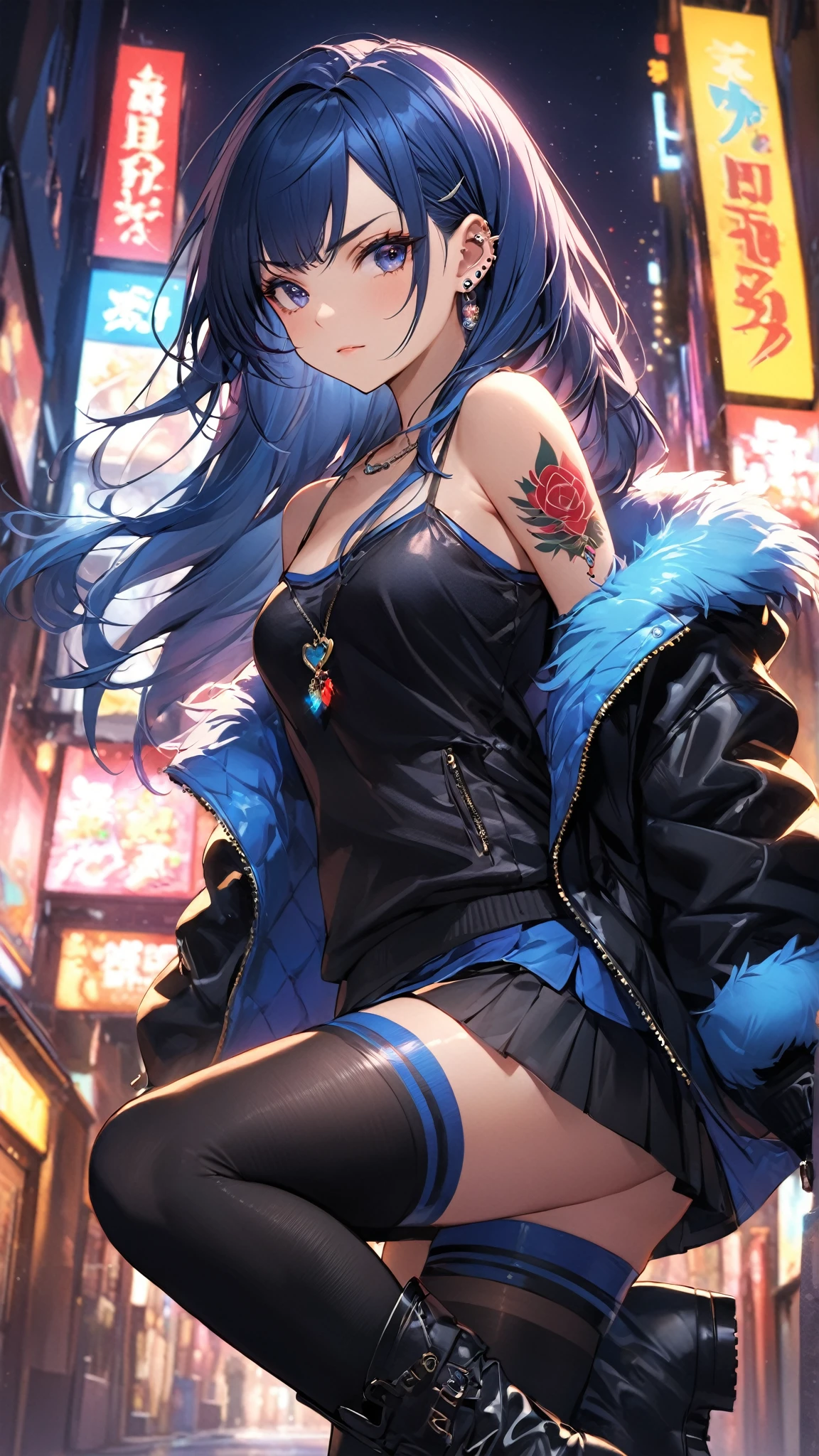 masterpiece, best quality, yelan \(genshin impact\), 1girl, breasts, solo, bangs, armpits, smile, cleavage, jewelry, gloves, jacket, dice, mole, cloud, grin, dress, blush, earrings, thighs, tassel, sleeveless, day, outdoors, large breasts, looking at viewer, green eyes, arms up, short hair, blue hair, vision (genshin impact), fur trim, white jacket, mole on breast, arms behind head, bob cut, multicolored hair, black hair, fur-trimmed jacket, elbow gloves, bare shoulders, blue dress, parted lips, diagonal bangs, clothing cutout, pelvic curtain, asymmetrical gloves,Chinatown, cinematic, warm lights, dramatic light, (intricate details:1.1), complex background  <lora:Yelan_Hard:1>   <lora:Uodenim-Style-Final:1>
