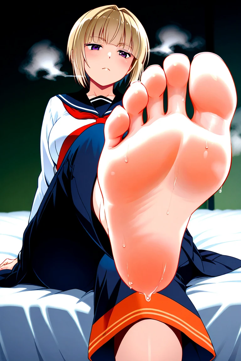 toga himiko, boku no hero academia, 1girl, bangs, black sailor collar, black thighhighs, blonde hair, blue sailor collar, blunt bangs, blush,, brown cardigan, cowboy shot, double bun, grin, hair , yellow eyes , long sleeves, messy hair, narrowed eyes, smile, big breasts, 8K, (original: 1.2), (far shot), (realistic: 1.3), masterpiece, best quality, beautiful clean face, fullbody, 1girl, posing for a picture, long legs, huge breasts , showing feet,showing feet soles,legs_up,{feet_up}, lying,leg_lift, feet,