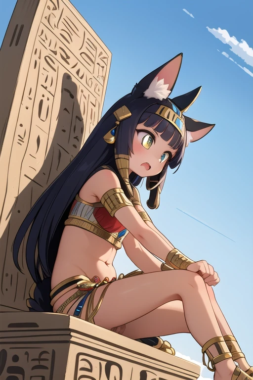 (tmasterpiece) (high detal) (A high resolution) a humanoid girl,pale-skinned,eBlue eyelue long hair,Blue dog earig fluffy dog tail,larger. She was standing in the desert in front of the pyramids wearing the clothes of an Egyptian pharaoh..
