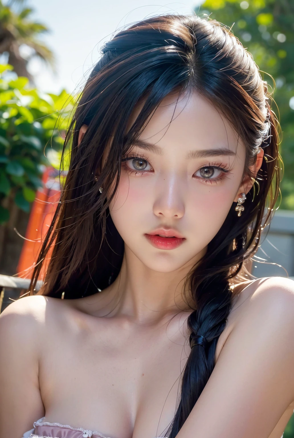 (Time Sawaguchi:0.5),41k4:0.7), masterpiece, Highest quality, 8K, 24K, RAW Photos, (smile, Closed Mouth, Beautiful eyes, Unusually big breasts, Transparent skin:1.5), sexly, (nsfw:1.2), Highest quality, masterpiece, (Highly detailed RAW color photos, Professional photos), (In-person audience:1.5), (View your audience:1.4), (Realistic, Realistic:1.37), (Highly detailed skin:1.2), Ultra-high resolution, (lens: 50mm), (masterpiece, Highest quality:1.3), (Ultra-realistic:1.35), (Realistic:1.45), (Realistic:1.4), alone,1 pretty Japanese girl), 18 years old, Japanese Idols, supermodel, Pale skin, (slim:1.3), (slim body:1.25), (Slender body:1.25), (Tight waist:1.1), Pretty face, (Large Breasts:1.5), (Deep Valley:1.3), idol carving, (gravure idol), ((masterpiece))) whole body, whole body Shot (One Girl) ((Pink Hair, Long Hair, Straight hair, Both sides up))), ((Green Eyes))), eye shadow, eyeliner, Glowing Eyes, Hyper Detail Eye, Complex eyes, Beautiful Eyes, Fine grain, (((Star-shaped pupils, Shining pink eyes))) 18-year-old girl. (Wearing a transparent PVC jacket)) huge cool weapon mechanical in hand, huge cool weapon mechanical, Mecha, Mechaanism, mechanical, Open Stance, Coalesce