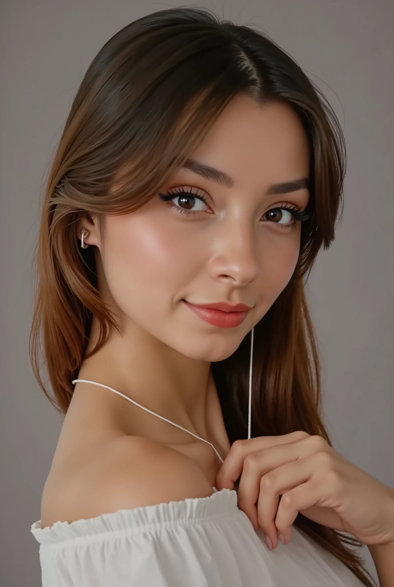 18 years, girl took a photo with his face in profile, side face shot, no hands, smiling, flat grey background,