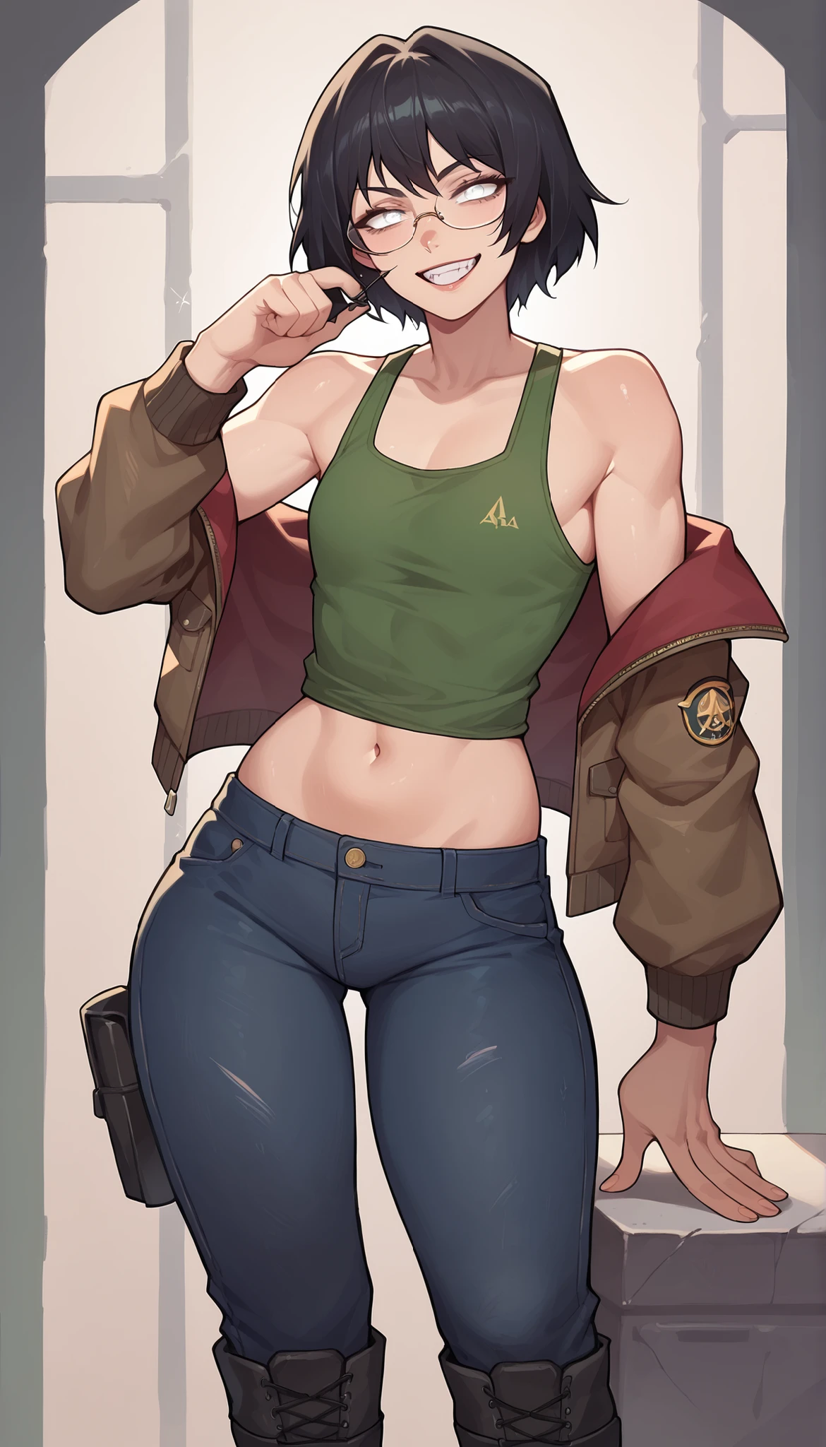 　 Small eyes, three white eyes, Alasaa　 Japanese　Glasses　Otaku　 1 woman　   black hair　  short bob　 sadist　teeth　smile　slender　   small 　  flat chest　　   toned body 　 MILITARY JACKET 　dark green tank top   　belly button　   concrete room under lay 　  　 black denim pants　 combat boots 　Military Watches