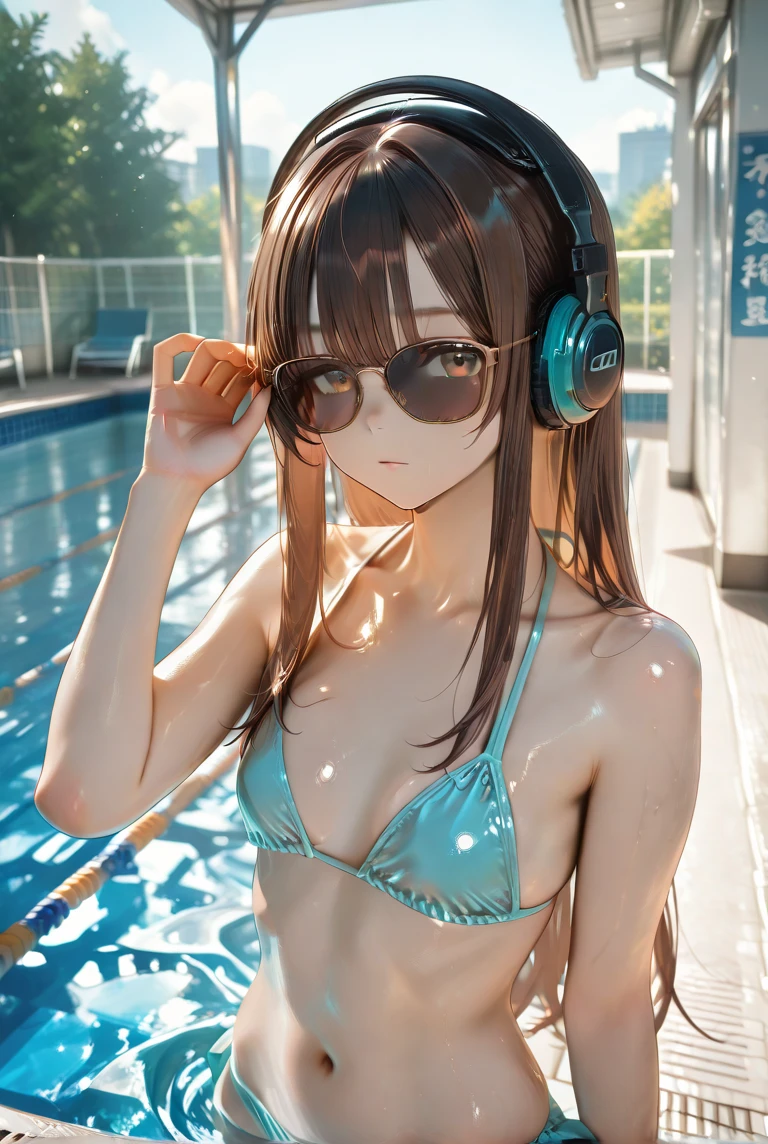 20 years old,1 mature woman, hyperrealistic, sexy, relax, pool, headfone, cyberpunk, (ultra quality), (masterpiece), (perfect female figure), NSFW, (extremely detailed 8k), (very delicate and beautiful), (perfect face, detailed face, detailed eyes, perfect hands ,perfect fingers), (full body)