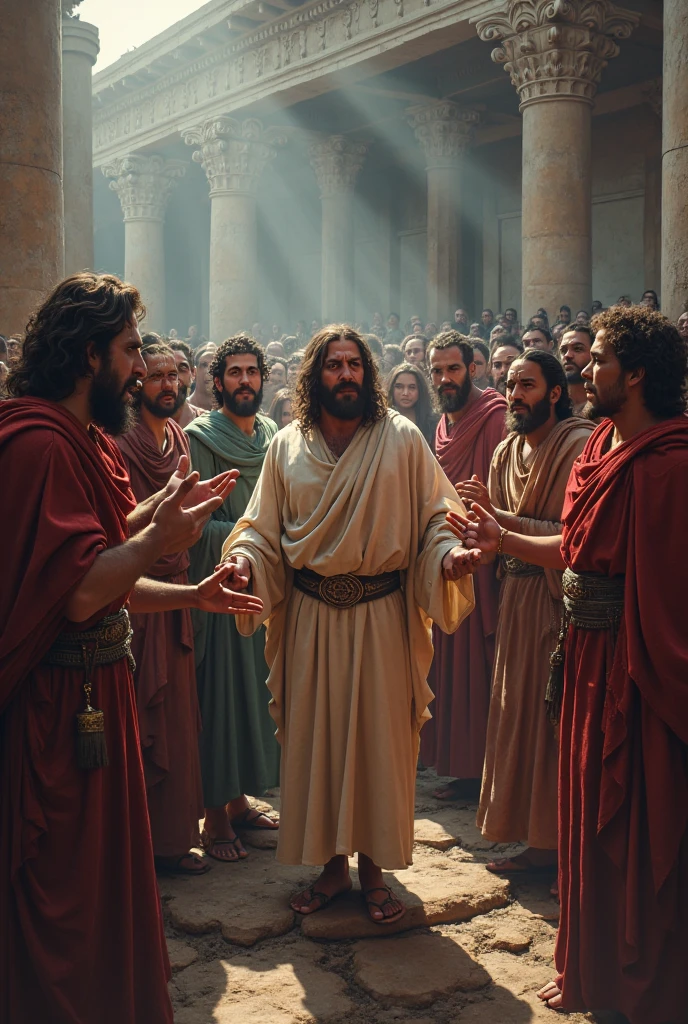 Description: The kings, warriors, and elders in the court are shown in a state of shock and awe as they witness the miraculous event. Their expressions range from disbelief to reverence.Focus: The mixed reactions of the court members should be highlighted, with the overall atmosphere of awe and divine intervention.