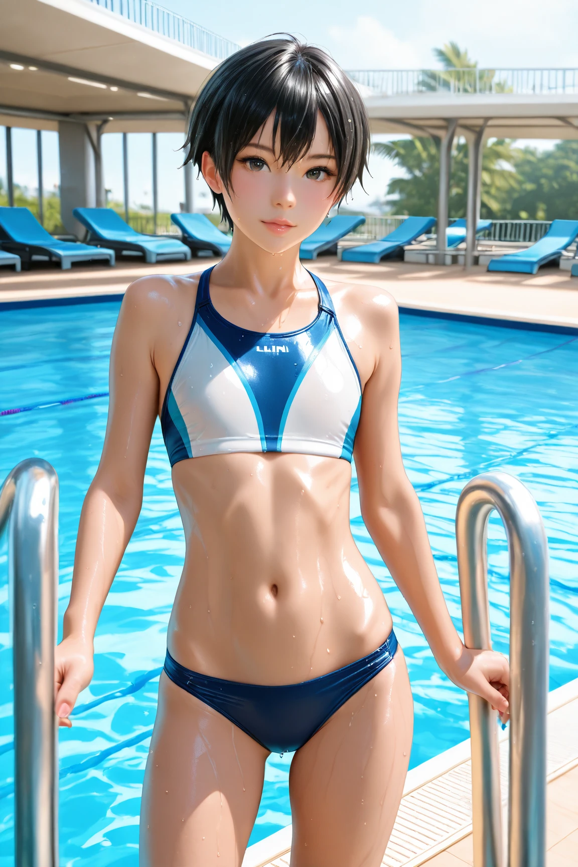Beauty、school swimwear、brown hair bob、((whole body))、(((photo taken from below)))、pool