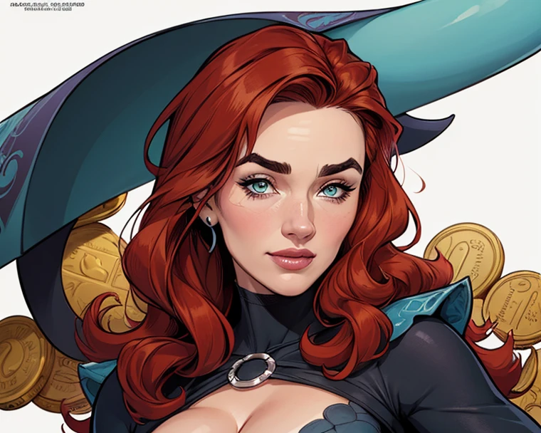 masterpiece, best quality, beautiful, portrait, close up face, miss fortune, pirate, redhead, green eyes