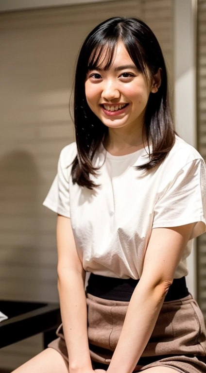 (highest quality,16k,High resolution,masterpiece:1.2),Very detailed,(Realistic,photoRealistic,photo-Realistic:1.37)The most beautiful woman in the world、Beautiful, clear white skin、whole body,18-year-old,Beautifully detailed face,Detail View,Renaissance art,A delicate work of art,1 Japanese female,OL、office、Mid Shot、Adorable smile、officeの服装、Black Hair、Business shirts、Tight shirt、A little chubby、Grey tight skirt、mini skirt、panties、pumps,highest quality,Very delicate and beautiful 8K,非常にHigh resolution,,Beautiful detailed girl,Realistic、officeの中、officeのSit on a chair、Computer Desk、Beautiful appearance、Sit on a chair、Spread your legs、Spread your legs、panties、I can see your thighs、