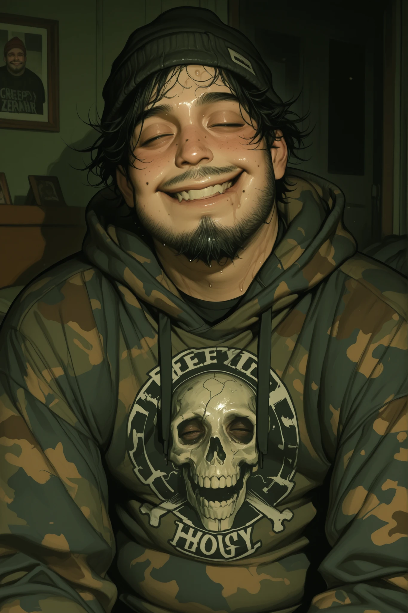 1 boy, chubby grunge goth themed nerdy boy in his 20s, chubby, plus size. fat cherubic face, camo hoodie with a skull on the front, short facial hair, acne on face, short greasy black sweaty hair in emo styled bangs, acne on face, moles, chin hairs, neckbeard, nerdy, wearing a beanie, neckbeard, greasy, sweaty,gross, young, , crooked smile, creepy,sleep deprived, gross, creepy, unsettling