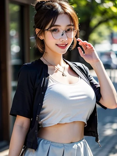 (Masterpiece, best quality, award winning, photorealistic, highres, UHD :1.4), portrait, sharp focus, close shot, 1 beautiful European female, pretty model, slender figure, beautiful midriff, sexy abs, breasts, realistic skin, realistic detailed modeling face, beautiful eyes, layered hairstyle, short hair, highly detailed realistic hair, attractive, stunning, ((photorealistic, realistic, super realistic, realism, realistic detail)), v neck long sleeves tops, jean pants, wearing glasses, smirk, outdoor