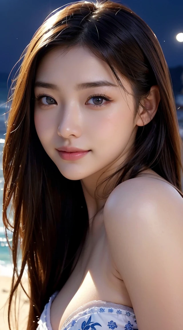 Beautiful woman,body portrait、8k,fine and beautiful eyes,Dindal effect、masterpiece, 最high quality, high quality, High resolution、very detailed photos、(natural skin texture、fine skin、hyper realism、Super sharpness)、high detail skin、(very detailed、fine skin texture、intricate details、beautiful face、(lifelike face)、realistic eyes、beautiful and detailed eyes、ponytail、real looking skin、beautiful skin、big breasts、G cup、glamorous、shiny skin、Oily muscle、sunbathing on the beach、surreal、very detailed、golden ratio、with smiling eyes、((night moonlight background))、body portrait