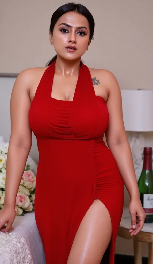 Vidya Balan in a liquid shiny satin Avidlove Women's Lingerie set, showcasing a sexy short nightwear in a captivating OrangeRed (#FF4500) shade. The spaghetti strap nightgown and babydoll chemise highlight her curves, presenting her as a sultry plus-size MILF with an exhibitionist streak. Her amorous nature shines through, embracing her confidence and allure despite having small breasts, creating an enticing and bold visual