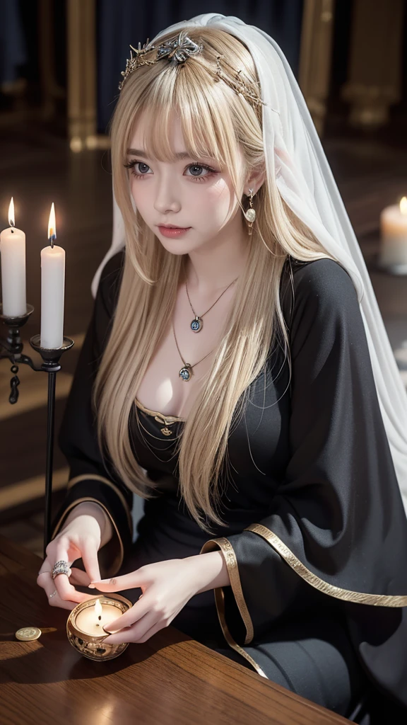 Mysterious woman doing tarot reading,Tarot Reading,cute face,Blunt bangs, Straight hair, Shiny hair,Medieval mystery clothes,Mysterious fortune teller,Mysterious hermit,White Magician,magical lights,albino,Red Eyes,Red glowing eyes,Magical powers,