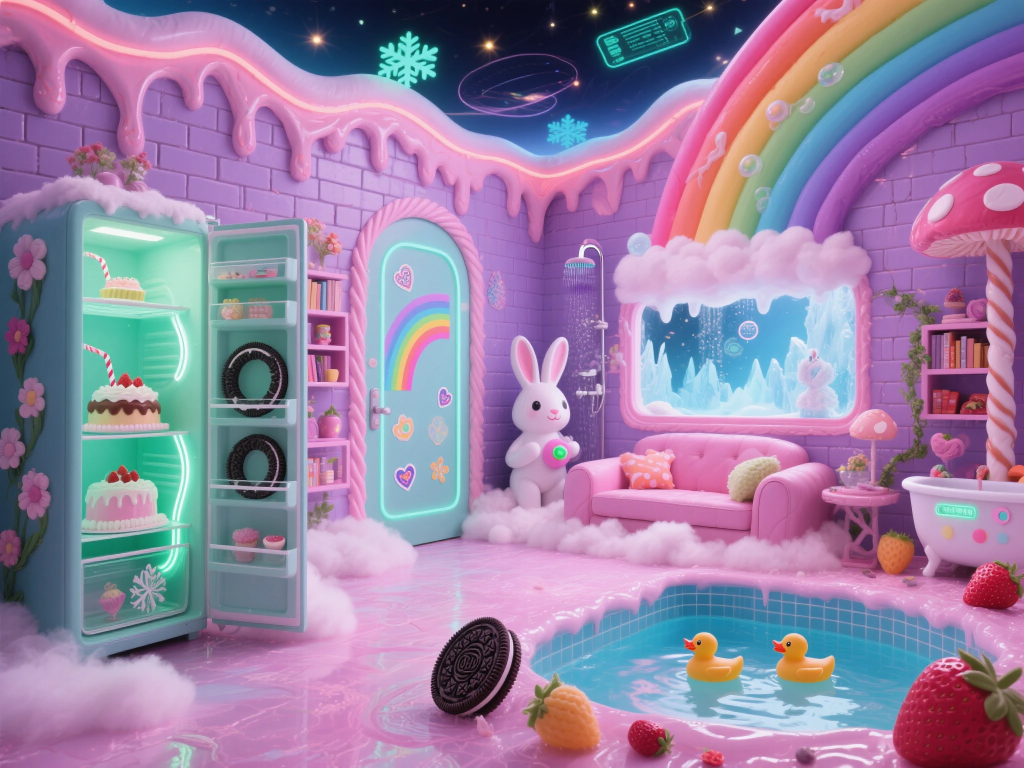 ice cream fantasy of made of the ice cream with colorful sugar craft sculptures, white and black ice cream texture wolf, (absurdly adorable cute:1.3), (in the broken black glass case with iridescent:1.3), floating flying neon bird lighting, ambient lighting, mysterious ambient lighting,