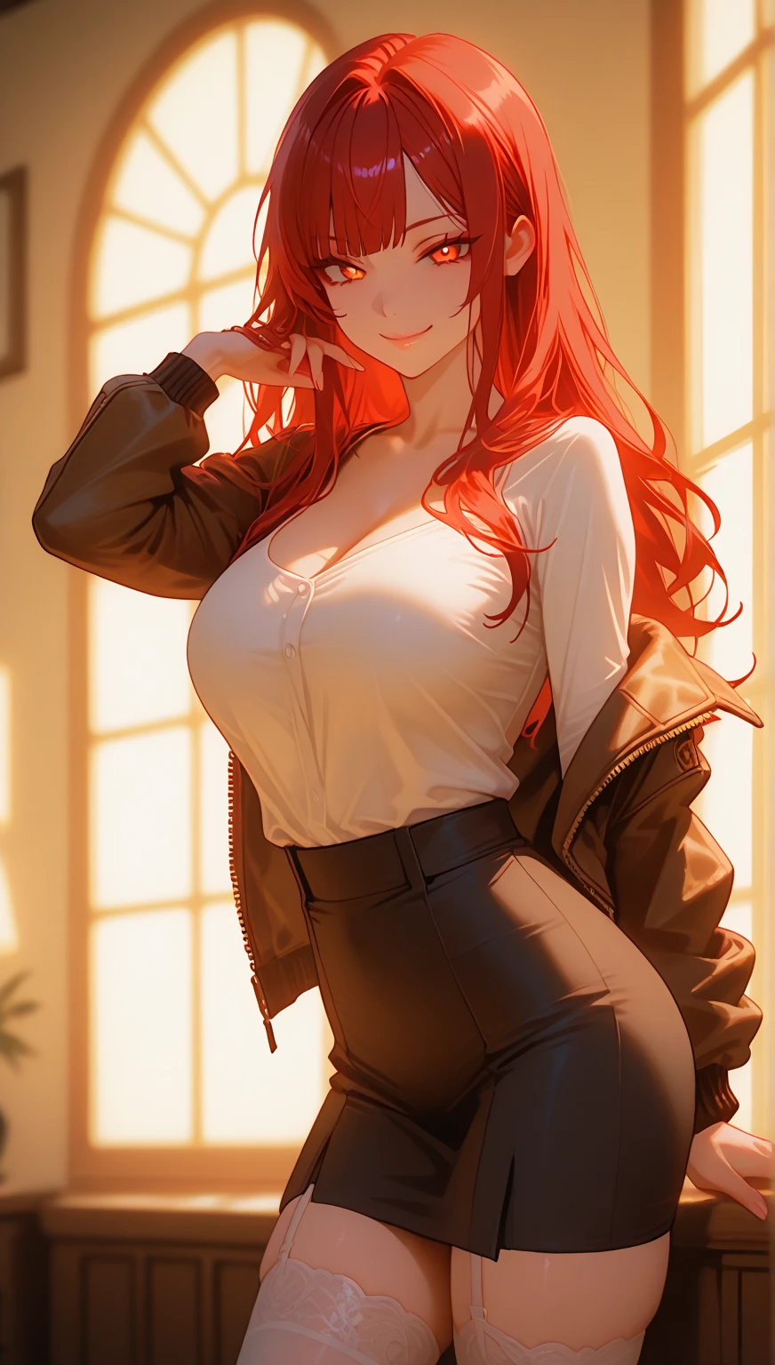 anime girl with red hair and red boots posing in a room, photorealistic perfect body, highly detailed giantess shot, thighs close up, realistic shaded perfect body, accentuated hips, hand on hips, black extremely tight jeans, middle shot waist up, she is dancing. realistic, waist - shot, thighs focus, 4k], 4 k ]