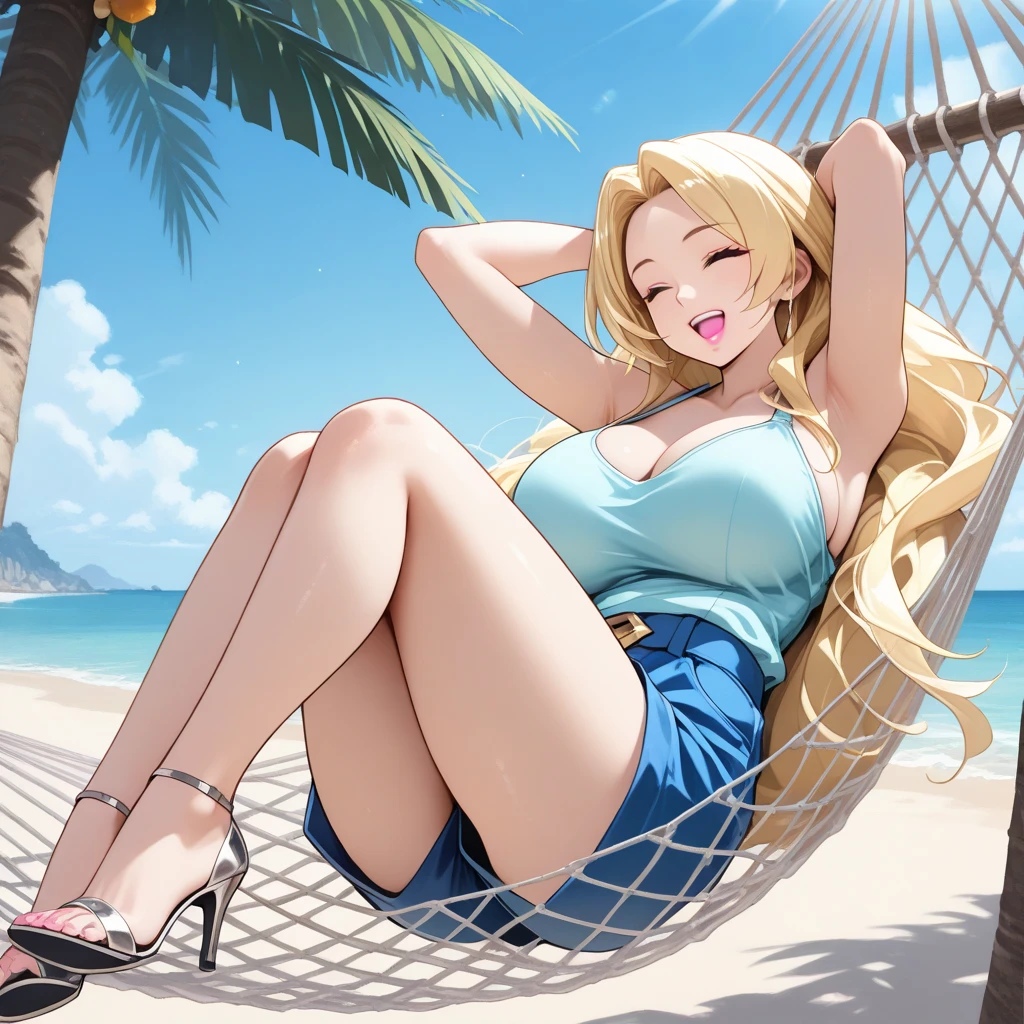(Best lighting, Best Shadow, masterpiece, high quality), colorful, Vibrant, Summer mood, lots of bright colors, Beautiful woman in light summer clothes, Hair loss, Sit on the clear water and white sand, Bright blue sky.  masterpiece, 最high quality, high quality, High resolution, sexly, 