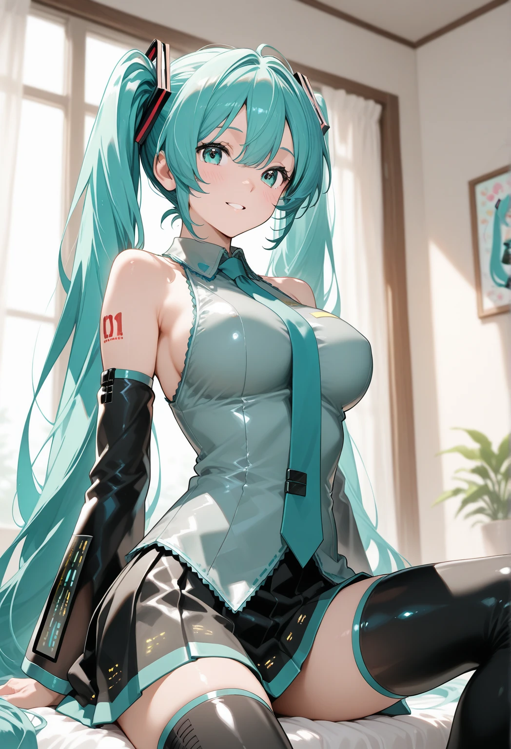 (Official Art、Highest quality、unity 8k wallpaper、32K、 masterpiece、Very detailed、High resolution,Perfect Anatomy),(Natural soft light:1.2),Beautiful face and eyes in every detail,20 year old beauty、Hatsune Miku VOCALOID、Big Breasts、Dragon Knight((Western Armor))、mini skirt、Black Stockings、High heels、