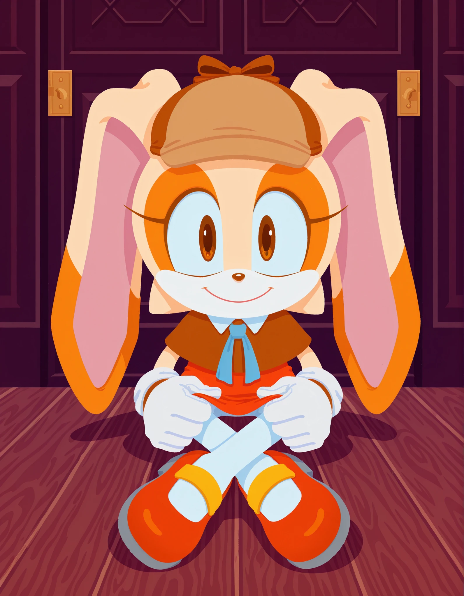 sonicchann3l, pencilsc, sonic (series),, 1girl, solo, , flat color, sloppy coloring, smile, leg lock, white gloves, deerstalker, brown headwear, brown capelet, (mary janes), white pantyhose, looking at viewer, rabbit girl, rabbit ears, furry female, cream the rabbit, brown eyes, young, shortstack, gloves,