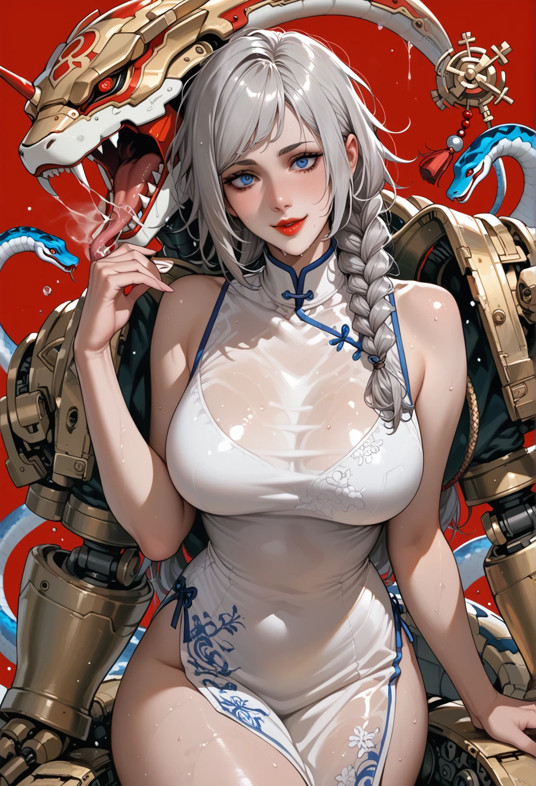 holding a can of soda, upper body, close view, Siete, 1girl, large breasts, blue eyes, long hair, ponytail, white hair, lips, makeup, cleavage, jewelry, earrings, armor, shoulder armor, pauldrons, revealing clothes, bodysuit, fishnets, gloves, fingerless gloves, chain, thighhighs, boots, <lora:Siete2_lora:0.7> <lora:background_detail_enhanced_simplified:0.6>