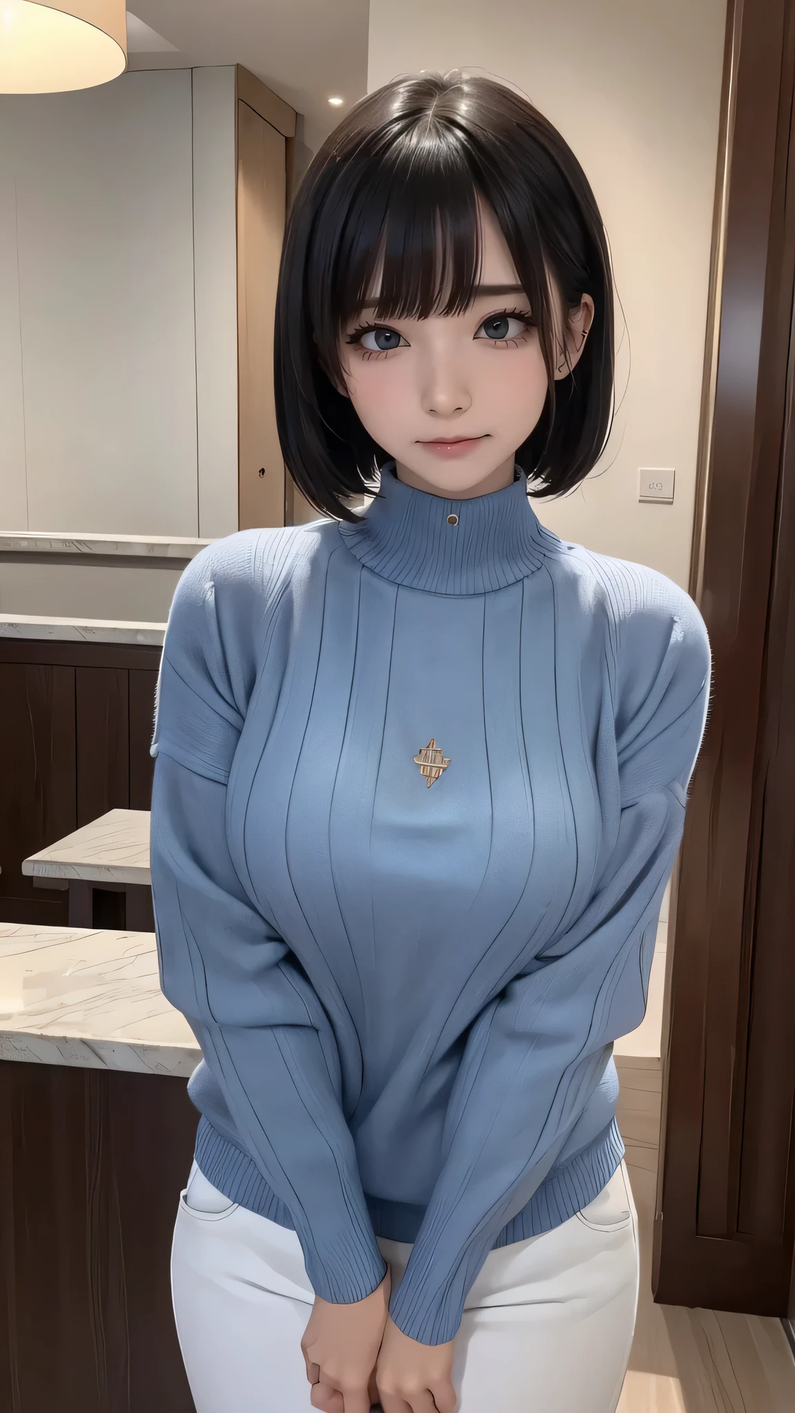 (Top quality masterpiece:1.5), Super detailed, High resolution, 8k, Beautiful details, 超High resolution, 1 cute girl, Brown skin girl, Dark blue hair, blue gray eyes, Short Hair, Well-tanned skin, White sweater, front open, cum on bpeasts, hotel, ahegao, 舌を出す,