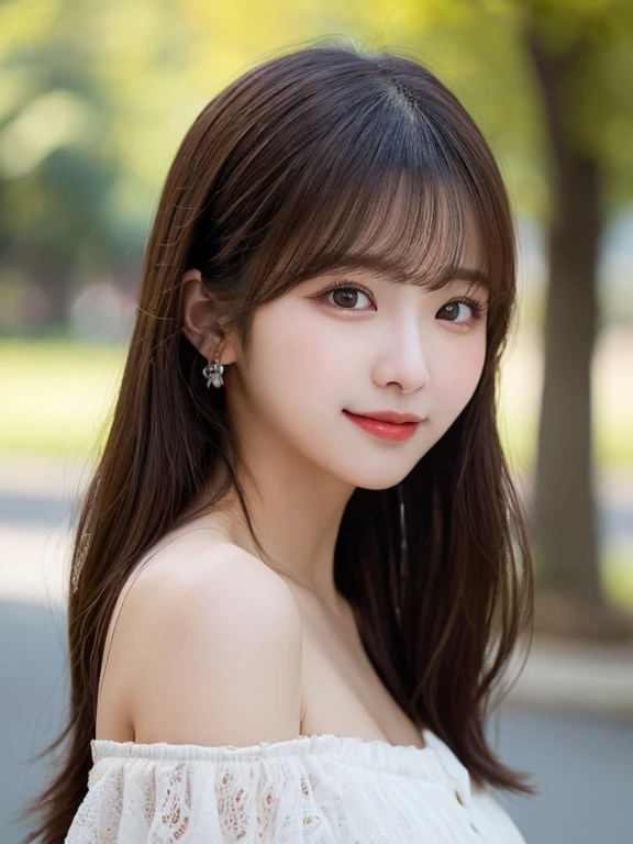 table top, highest quality, shape, Super detailed, finely, High resolution, 8k wallpaper, Perfect dynamic shape, beautiful and detailed eyes, D cup, natural color lip, random sexy pose,smile、20 year old girl、midnight、Beautiful and dense face、perfect and beautiful face,Big eyes、real photos（best image quality）,Sheer off-shoulder dress (black)、looking at camera、Please stand、Do gal makeup,blurred background