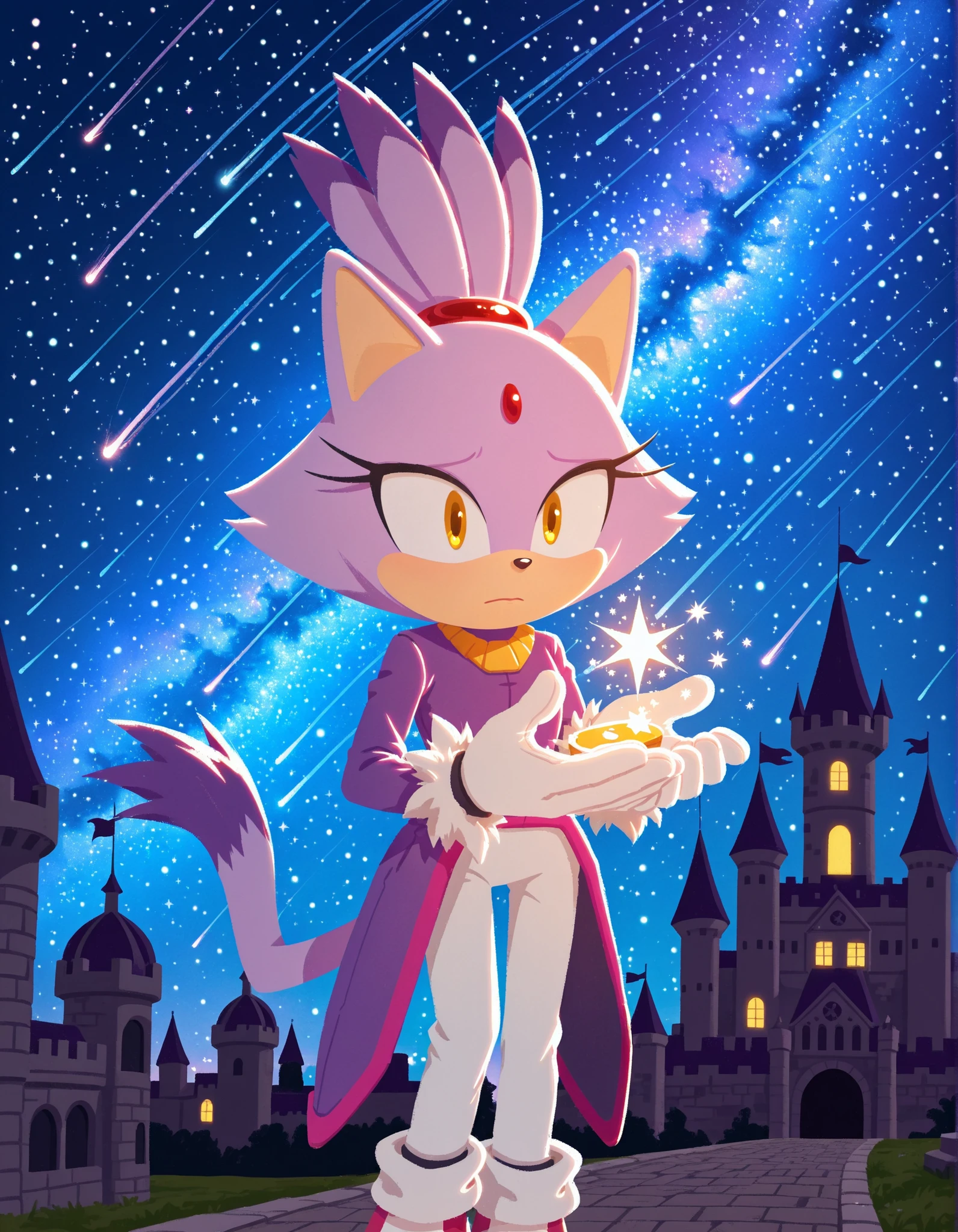 sonicchann3l, pencilsc, sonic (series),, masterpiece, best quality, highres, Blaze The Cat, 1girl, gold necklace, white jumpsuit, animal_ears, closed mouth, red forehead jewel, fur-trimmed gloves, fur_trim, furry, furry female, gloves, long_sleeves, purple_coat, purple_hair, solo, standing, tied hair, topknot, white gloves, white pants, yellow eyes, tail, photo background, night sky, castle, solo, shooting star, star \(sky\), perfect hands, perfect anatomy