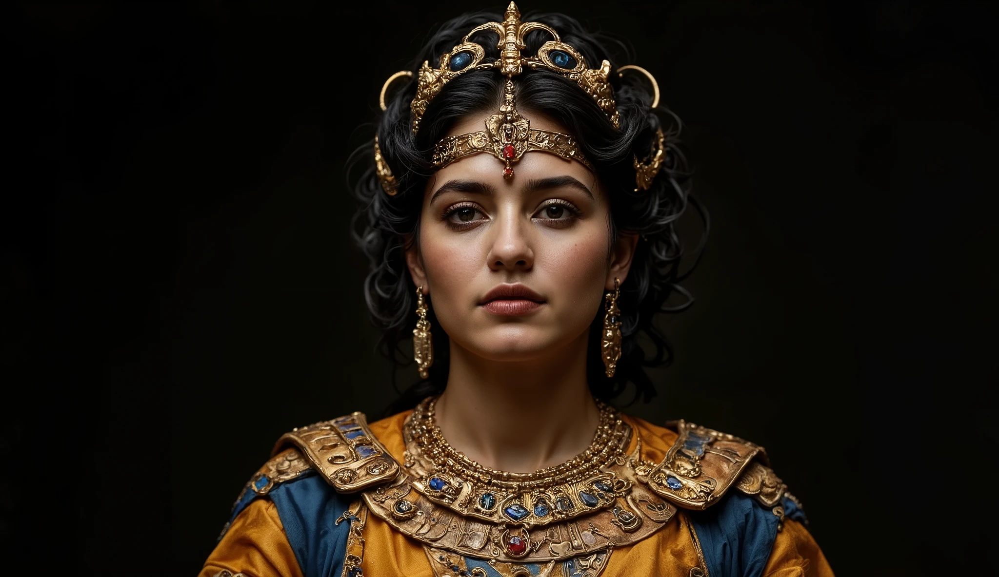 Ptolemaic princess in confident regal posture, looking directly at the camera with philosophical intensity. Wears multi-layered ceremonial attire in shades of gold and Egyptian blue, luxurious fabrics billowing as if animated by invisible energy. Elaborate gold jewelry with lapis lazuli and carnelian. Black hair in complex royal arrangement with symbolic gold serpent. Golden side light creating dramatic contrast on the face. Completely darkened background isolating the figure. Shallow depth of field focusing on the piercing eyes. Ultra HD cinematic visual quality.