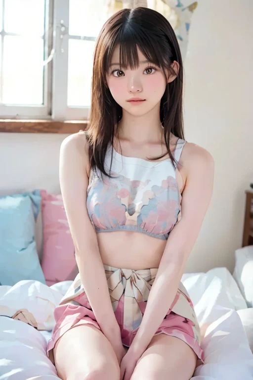 (((Cute Elementary School Girl((9 years old、Juvenile body shape、)))))(((fully body photo、shot from front)))(((Prone、Squat Pose)))((Focus on the crotch))mix4, ( Raw photography, top-quality, masterpiece: 1.45), (realisitic, Photorealsitic: 1.37), one girls, cute little, profetional lighting, photon maping, physically-based renderingt, Black Hair Ponytail, girl with, top quality photo, hight resolution, 1080p, (clearface), (Detailed face description), (Detailed hand description), (masterpiece), (Exquisite CG), extreme light and shadows, dishevled hair, masterpiece, lush detail, (Fine facial features), (Highest Quality Photos), (masterpiece), (finely eye), Look in front of you, Fine clavicle, ((tiny chest)),((Strawberry print bra((shuicolor))))((Yellow T-back panties only)))、(((Beaches in Okinawa)))