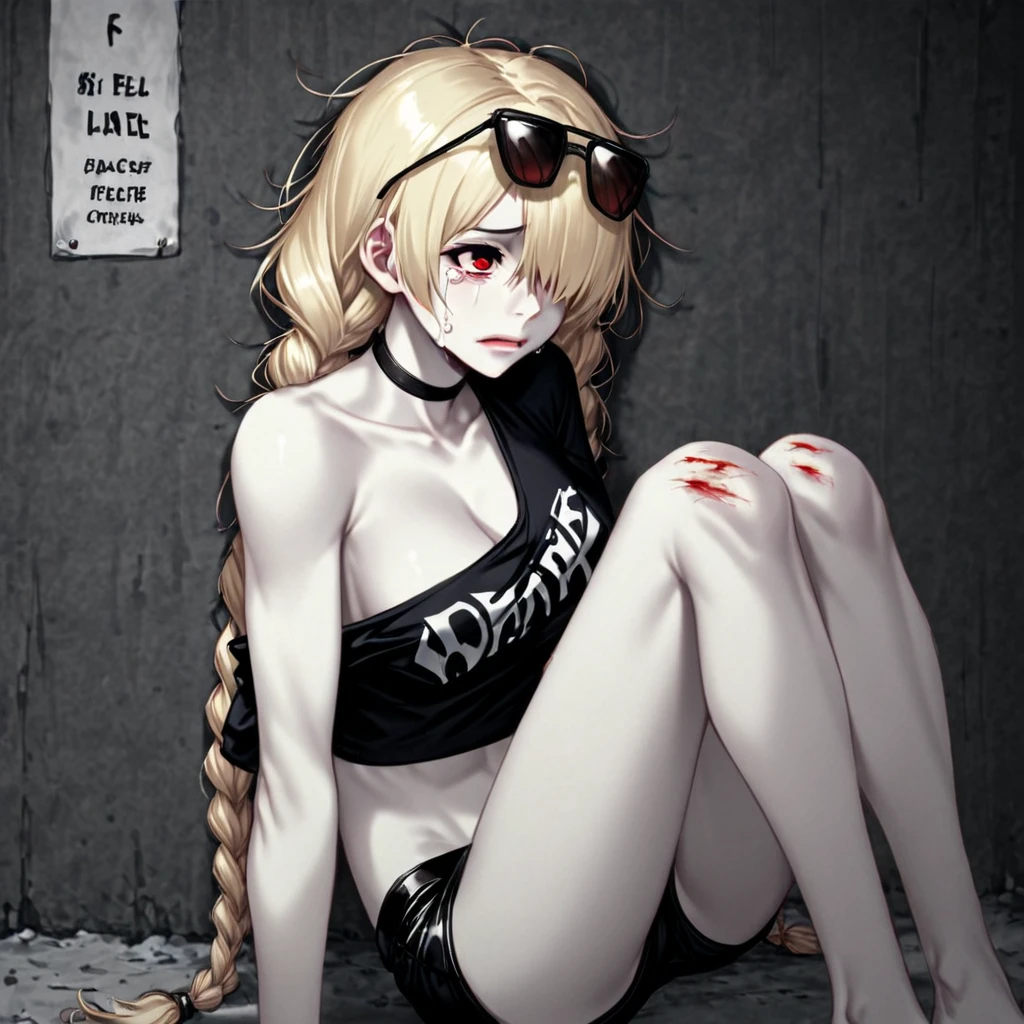 Yamato, open-toe heels, white crop-top, short shorts, cleavage, black lipstick, black eyeliner, black nails, dirt road, countryside, angry, crying, spiked collar, spiked wrist bracelets, leash on collar, spiked ankle bracelets, wrists tied up, ripped clothes, blushing 
