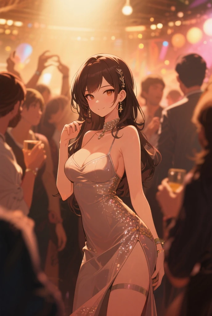 Japanese with long wavy brown hair、Large Breasts、She was dressed in a dazzling dress and smiling and chatting at the party venue.、Medium build、Earrings、Create gorgeous women in anime style