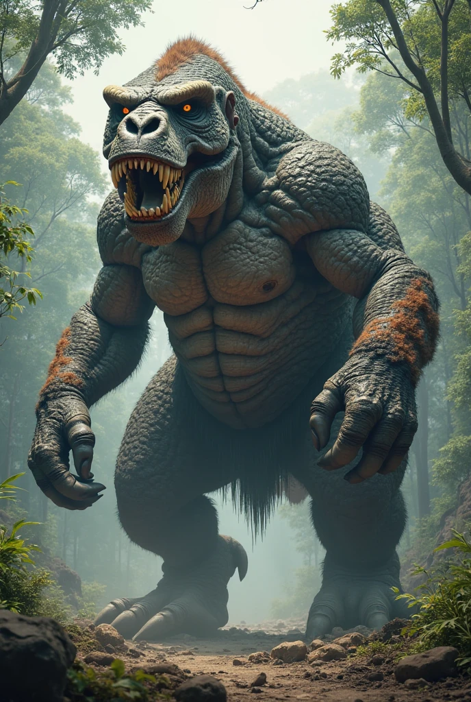 Dinasor and gorila fusion creates a large muscular creatures standing with open mouth 