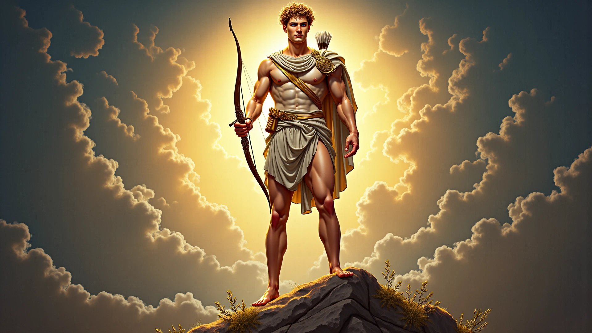 Apollo god of the sun holding a bow and arrow and a lyre. Make his face a little fierce.  No background. Sticker style. With touch of color yellow.