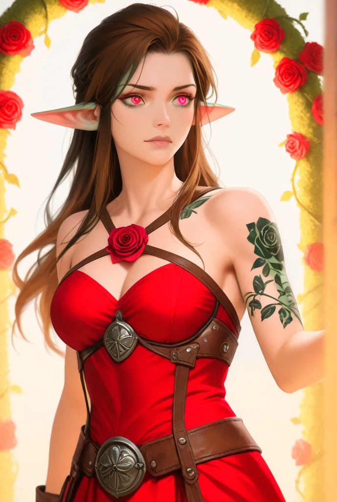 score_9,score_8_up,score_7_up,score_6_up,score_5_up,score_4_up witchyset1, 1girl,solo,long hair,breasts,looking at viewer,brown hair,hair ornament,dress,cleavage,bare shoulders,brown eyes,jewelry,medium breasts,green eyes,flower,red hair,parted lips,detached sleeves,choker,pointy ears,hair flower,mole,lips,mole under eye,rose,red flower,gem,breasts apart,red rose,center opening,hands on own chest <lora:Syvaron:0.6>, <lora:Lunas-GreenuCorm-SDXL-A1:0.8>,neon, colored outlines, glow, rimlight, black background, <lora:Himukai_Yuuji_XL:0.8>