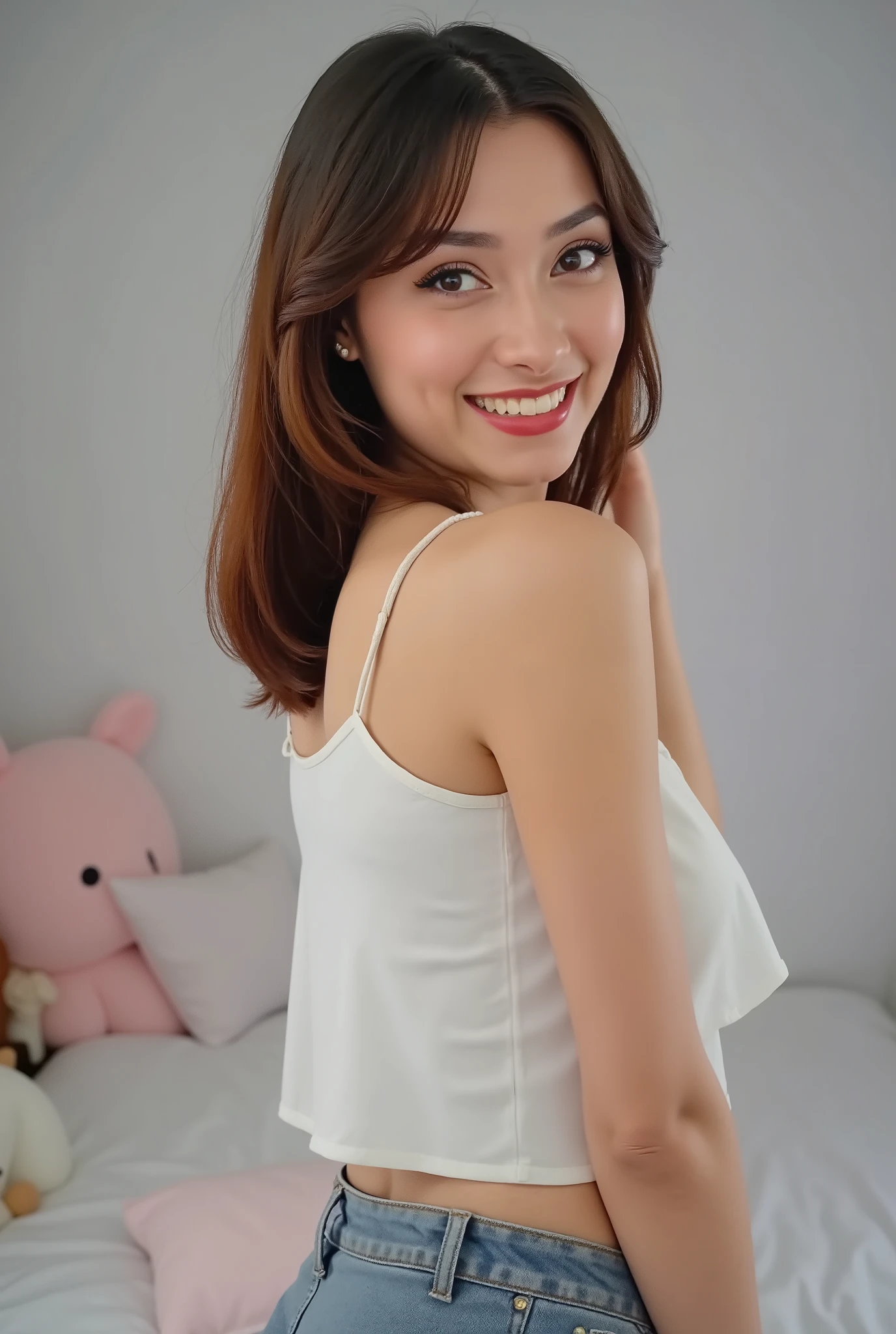woman posing for a picture, smiling, flat grey background