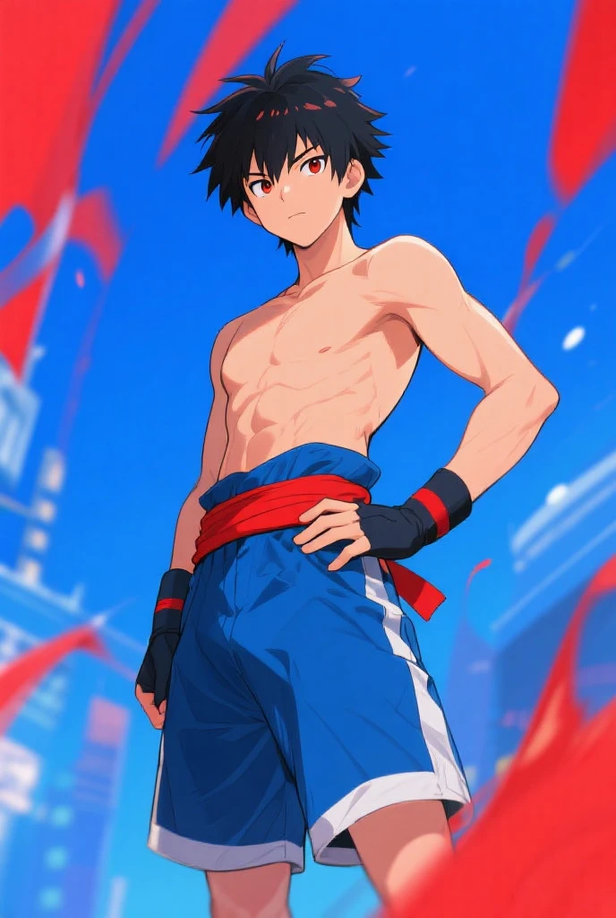 1boy, 1solo ash ketchum, black hair, brown eyes, hair between eyes, ash ketchum, open hoodie jacket, shirtless, male swimwear, handsome boy, macho, striking a pose