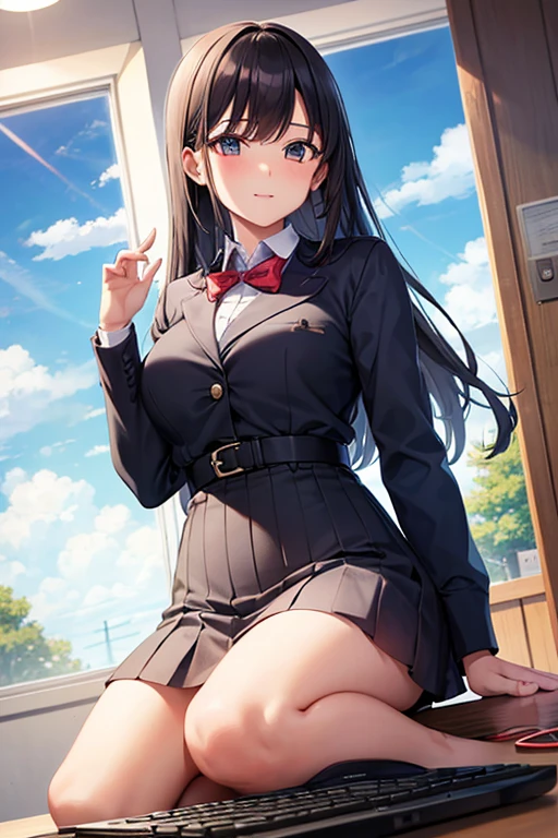 {masterpiece}, {highest quality},1 girl,school_uniform,sunset、Small cleavage、Button unbuttoned