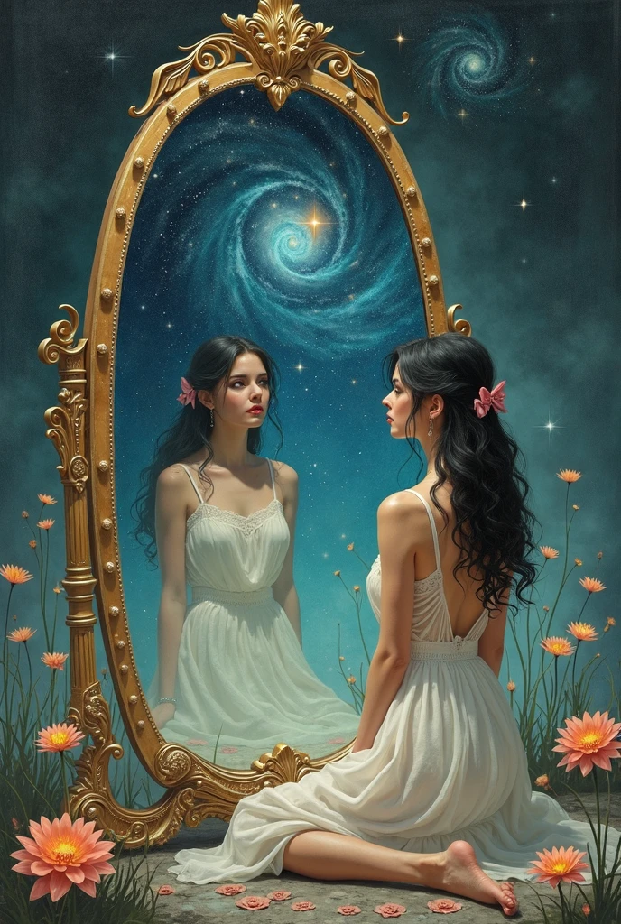 A person holding a photo frame with a beautiful girl's photo, surreal art illustration, vibrant colors, detailed mirror reflections, realistic lighting, emphasis, portrait, surrealism, ethereal, distorted, abstract, conceptual art