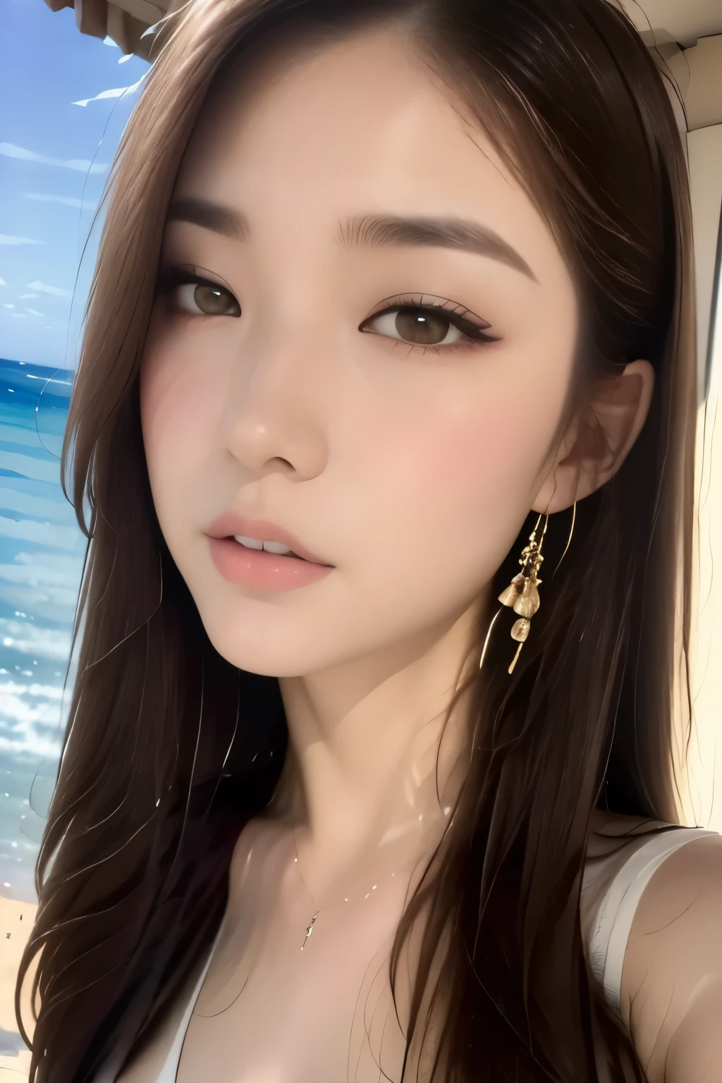 ((highest quality, 8k, masterpiece :1.3)), One girl, Selfie, close, ((Close your eyes and look upwards)), Red lipstick:1.2,Slim face, Beautiful woman, (Dark brown hair), Big Breasts:1.3, Highly detailed face, double eyelid,  Blur the background, Slim face, city, outside, sunny, null, nature,Hawaiian sand beach,Dynamic pose,Sexy pose,White Micro Bikini Swimsuit,(masterpiece: 1.3), (Maximum resolution: 1.4), (Ultra high definition: 1.2), Cinematic Light, Ultra high definition, (Detailed eyesと肌), (Detailed facial features), 8k resolution, Perfect Style, Beautiful expression、Highly detailed face and skin texture、Detailed eyes、Glitter Eyeliner:1.2、Thin cheeks、((Pure white skin:1.4)),Glossy Lips:1.2、((Full Body Shot:1.2)),(Straight Hairstyles、Dark brown hair)、One-length long hair、175cm,From above