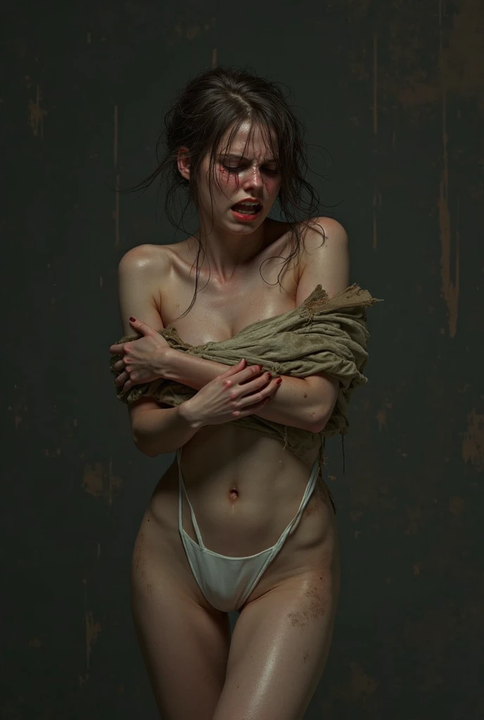 Evie, detached hair, in a basement, angry, , looking at the camera , , ,nude , , tied wrists , crying , tears