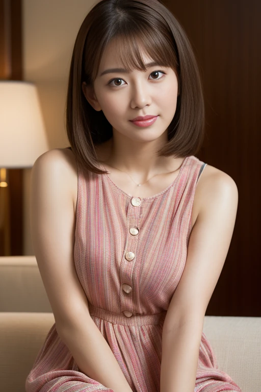 ((8k:1.27)、highest quality、masterpiece、超A high resolution:1.2)Photo Beautiful Japan woman(Comfortable:1.1) grace、good、Gradient lighting、One Girl、Delicate skin、Look at this、Brown eyes、(Short hair with bangs:1.2)、(The breasts are very large:1.0)、(middle breast wheel:0.8)、(Realistic:1.4)、(highest quality:1.0)、(超A high resolution:1.0)、8k、Raw photo、(masterpiece:0.2)、(Purelos Face_v1:0.5)、 Classic design clothes、Actress style of the 60s、Retro dresses、Classic、Shirt dress、No sleeve、Chest-hiding design、Excited expression、Red cheeks、What can I do for you?、theme、Looking down from above、Tilt、Good posture、On the chest、I&#39;m a little drunk、Tired and sleepy、office、Sit on a chair、sleepy、Drunk、Huge 、