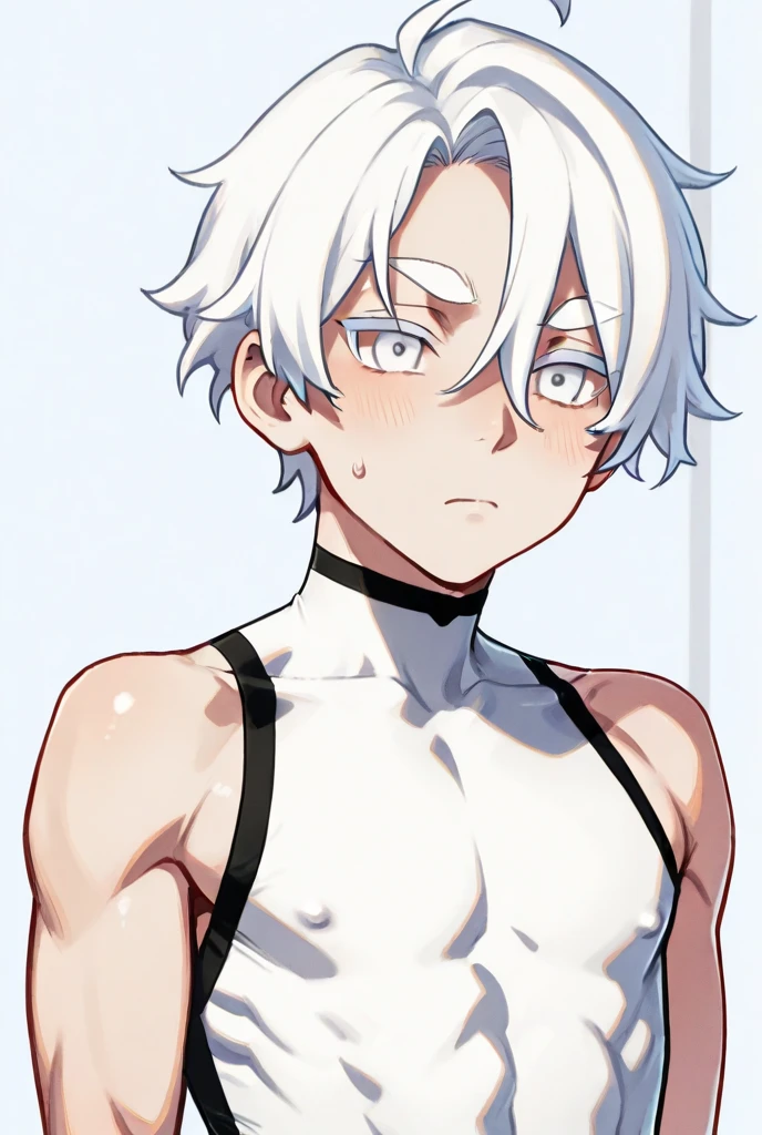 Highres, Masterpiece, Best quality at best,Best Quality,hight quality, hight detailed, 1boy, Shota, Solo, Cute boy, White hair, Blue eye, Torso, Slim waist, Tank top, Smile, Choker, Seen from the front, (Very young boy), (Very small and short body), 12-year-old boys, (Showing armpit:1.3), Simple beckground
